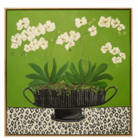 Painting of an orchid on a leopard print table with a green background