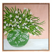 Pink and green original artwork of flowers in a vase
