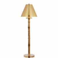 The Darleen Desk Lamp features natural honey-coloured bamboo silhouette shape with an open-top solid natural brass shade.