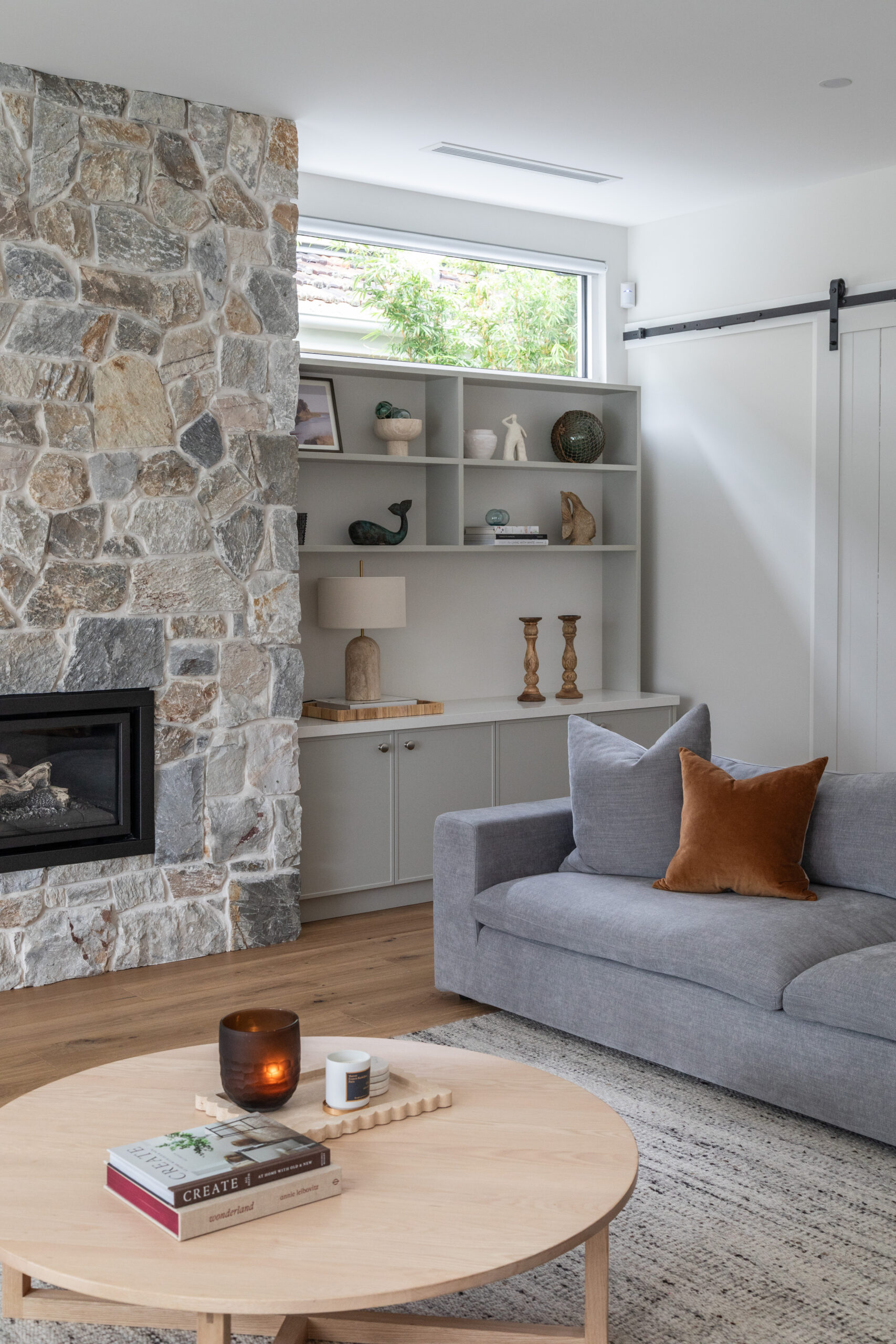 stone clad fireplace