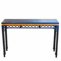Blue trellis fretwork console with rattan detail