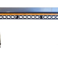 A British blue console table that features trellis fretwork detailing and a rattan band.