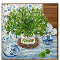 Canvas painting framed depicting a table with a vase of flowers